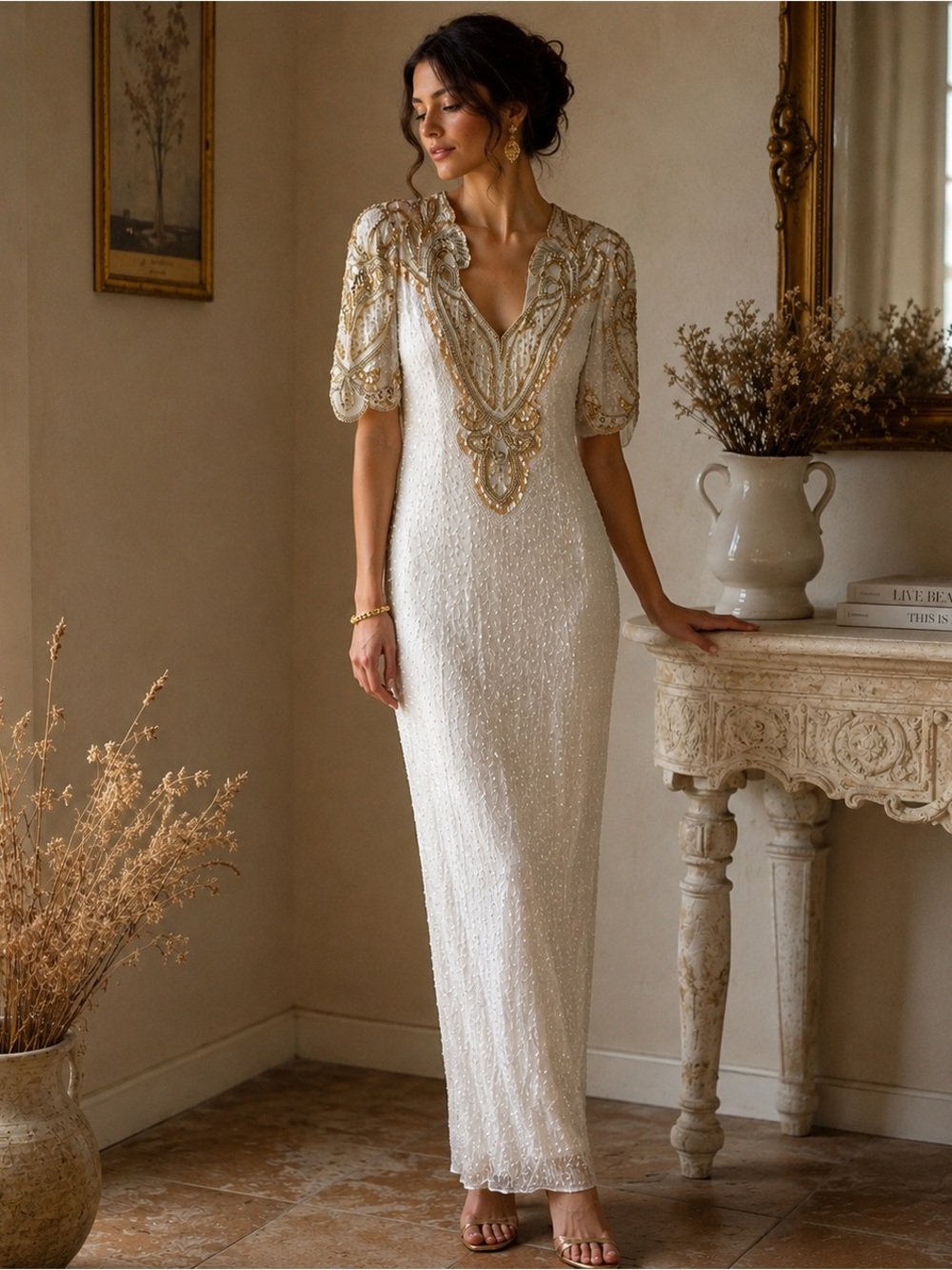 Vintage 80’s Silk Beaded Sequin Glam Evening Maxi Dress Gown XXL